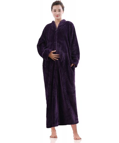 Women's Zip Front Bathrobe Soft Warm Long Fleece Plush Robe Plus Size Full Length Housecoat Sleepwear Dressing Gown - Purple ...