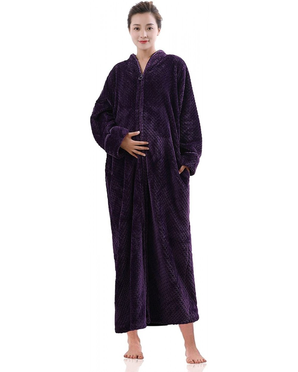 Women's Zip Front Bathrobe Soft Warm Long Fleece Plush Robe Plus Size Full Length Housecoat Sleepwear Dressing Gown - Purple ...