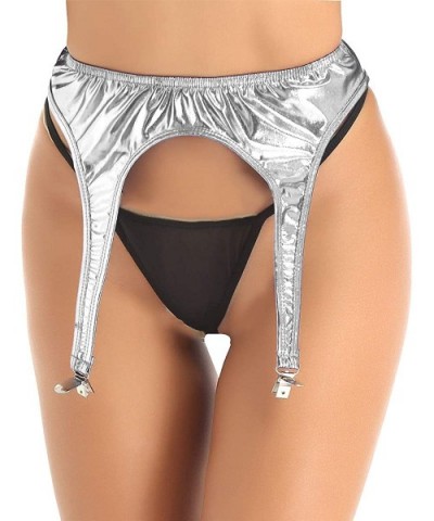 Womens Shiny Hologram Metallic Garter Belt with Clips Suspender for Thigh High Stockings - Silver - CX1987N4XLG $15.82 Garter...