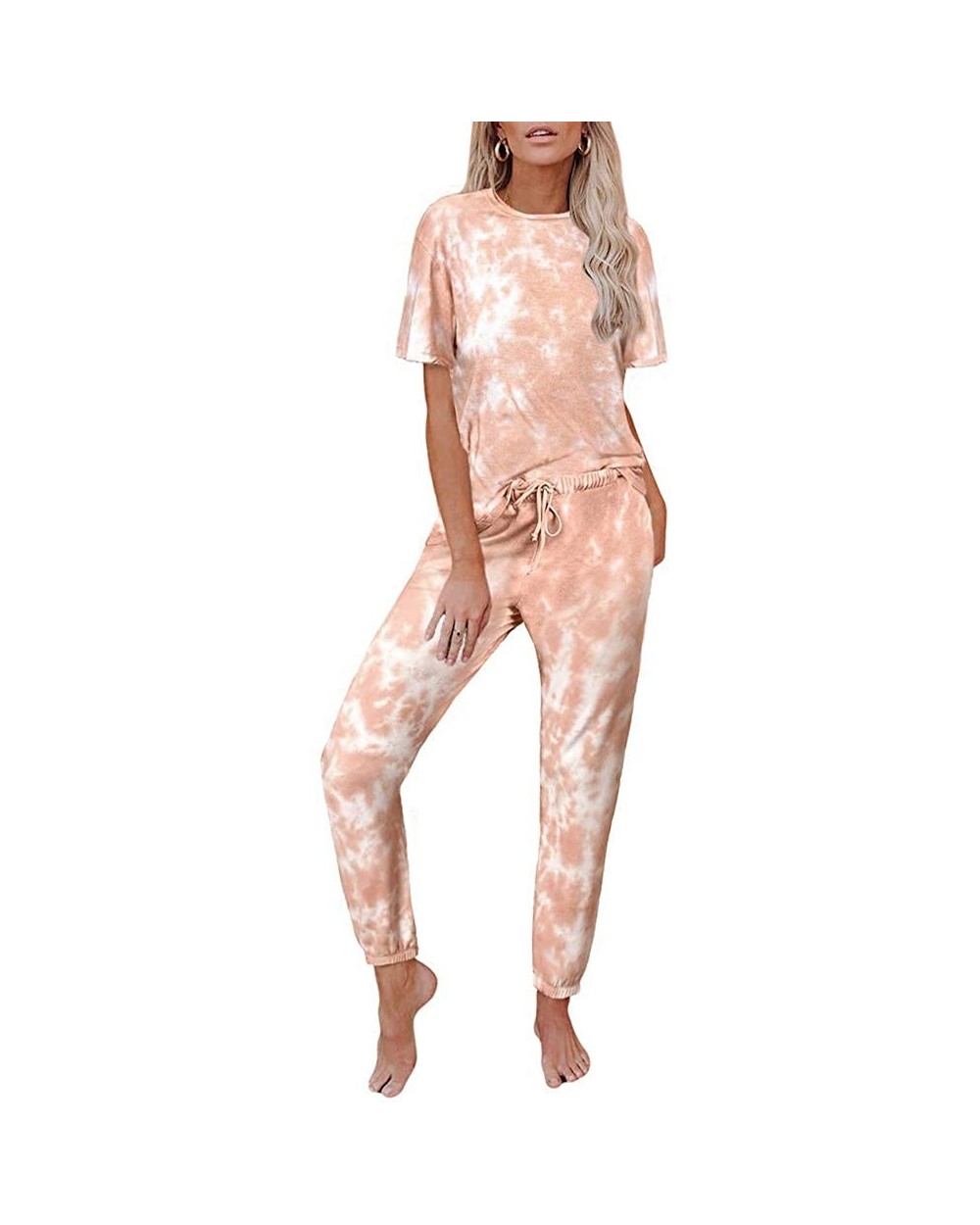 Womens Tie Dye Printed Sweatsuit Short Sleeve Tops and Pants Long Pajamas Set Joggers PJ Sets Nightwear Loungewear - Orange -...