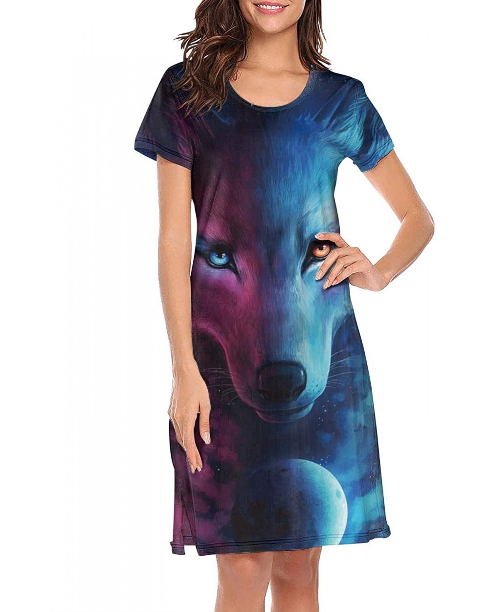 Girl Nightgown Galaxy Fantasy Wolf Breathable Funny Short Sleeve Lingerie - Light and Darkness - CH18WKLSXTE $42.76 Nightgown...