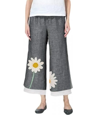 Women's Loose Daisy Printed Summer Elastic Waist Wide Leg Palazzo Lounge Pants - Grey - CQ19DIOWS64 $34.68 Bottoms