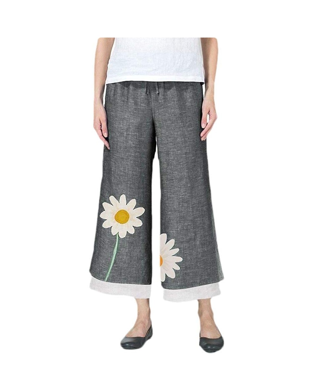 Women's Loose Daisy Printed Summer Elastic Waist Wide Leg Palazzo Lounge Pants - Grey - CQ19DIOWS64 $34.68 Bottoms