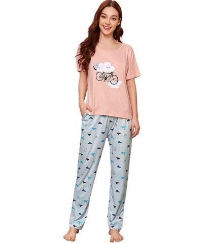 Women Casual Pajamas Sets Cartoon Short Sleeve Loungewear Cute Sleepwear - Pink and Blue - C9199OLQDAY $37.39 Sets