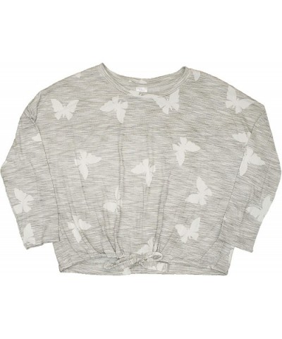 Butterfly Print Platinum Silver Heather Long Sleeve Sleep Tie Top - CW1954Q20EO $43.89 Tops