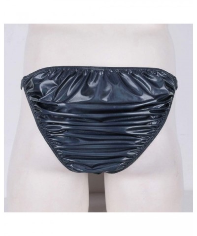 Men Underpants Navy Blue Shiny Ruched Faux Leather High Cut Low Rise Briefs Swimwear Panties Sexy Underwear - Navy Blue - C11...