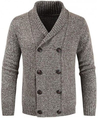 Men's Thick Knitted Cardigan Turn-Down Collar Double Breasted Cable Sweater Coat Solid Jacket with Ribbing Edge - Brown - CP1...