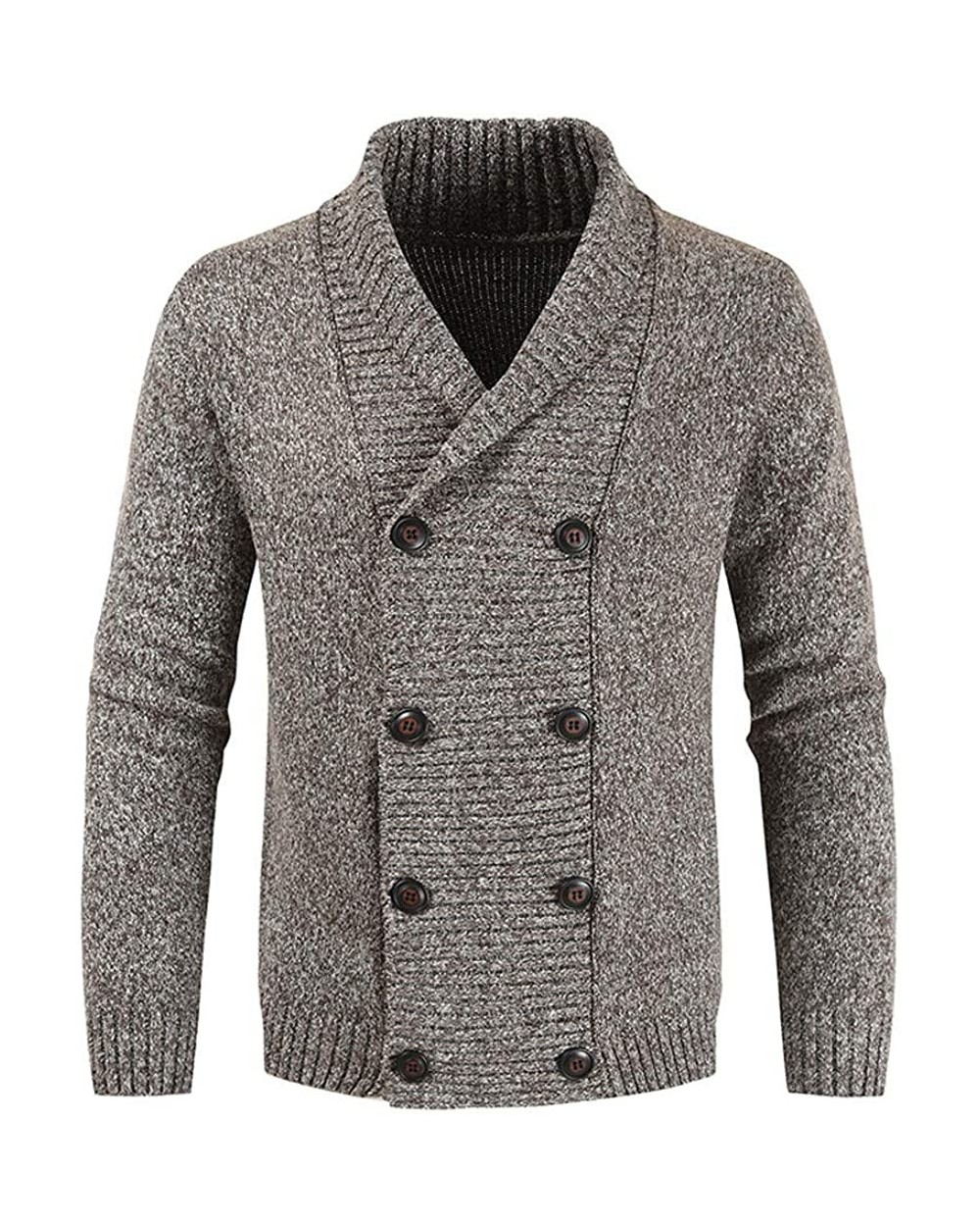 Men's Thick Knitted Cardigan Turn-Down Collar Double Breasted Cable Sweater Coat Solid Jacket with Ribbing Edge - Brown - CP1...