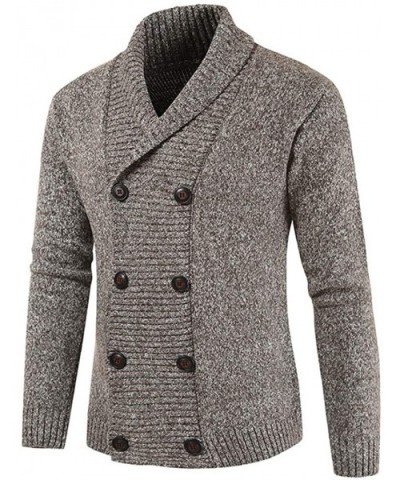 Men's Thick Knitted Cardigan Turn-Down Collar Double Breasted Cable Sweater Coat Solid Jacket with Ribbing Edge - Brown - CP1...