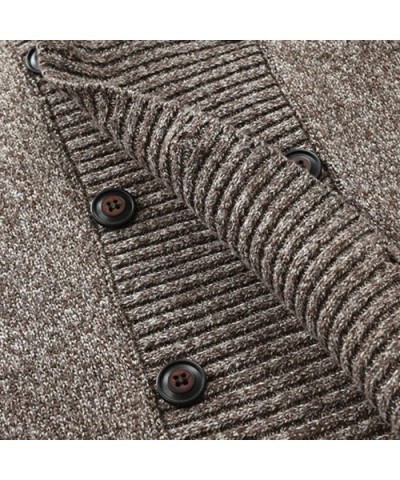 Men's Thick Knitted Cardigan Turn-Down Collar Double Breasted Cable Sweater Coat Solid Jacket with Ribbing Edge - Brown - CP1...