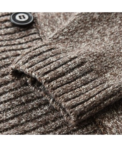 Men's Thick Knitted Cardigan Turn-Down Collar Double Breasted Cable Sweater Coat Solid Jacket with Ribbing Edge - Brown - CP1...