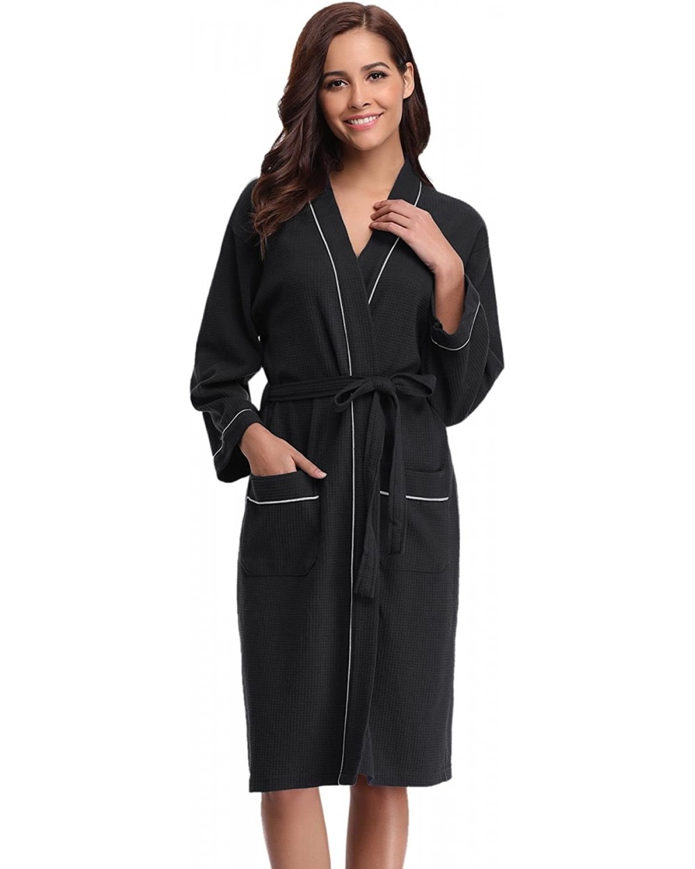 Bathrobes for Women Waffle Weave Spa Robe Womens Kimono Lightweight Cotton Robe - Black - CY12O1S5DR0 $43.78 Robes