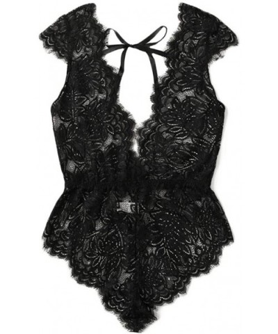 Womens Sexy Eyelash Lace Bodysuit Deep V Strappy Teddy Lingerie Jumpsuit Sleepwear - Black - C0194LM2N5T $13.85 Slips