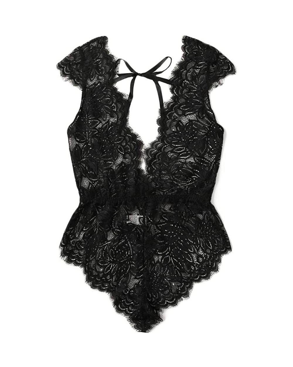 Womens Sexy Eyelash Lace Bodysuit Deep V Strappy Teddy Lingerie Jumpsuit Sleepwear - Black - C0194LM2N5T $13.85 Slips