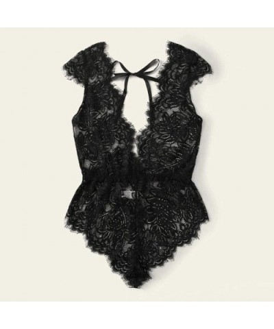 Womens Sexy Eyelash Lace Bodysuit Deep V Strappy Teddy Lingerie Jumpsuit Sleepwear - Black - C0194LM2N5T $13.85 Slips