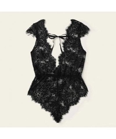 Womens Sexy Eyelash Lace Bodysuit Deep V Strappy Teddy Lingerie Jumpsuit Sleepwear - Black - C0194LM2N5T $13.85 Slips