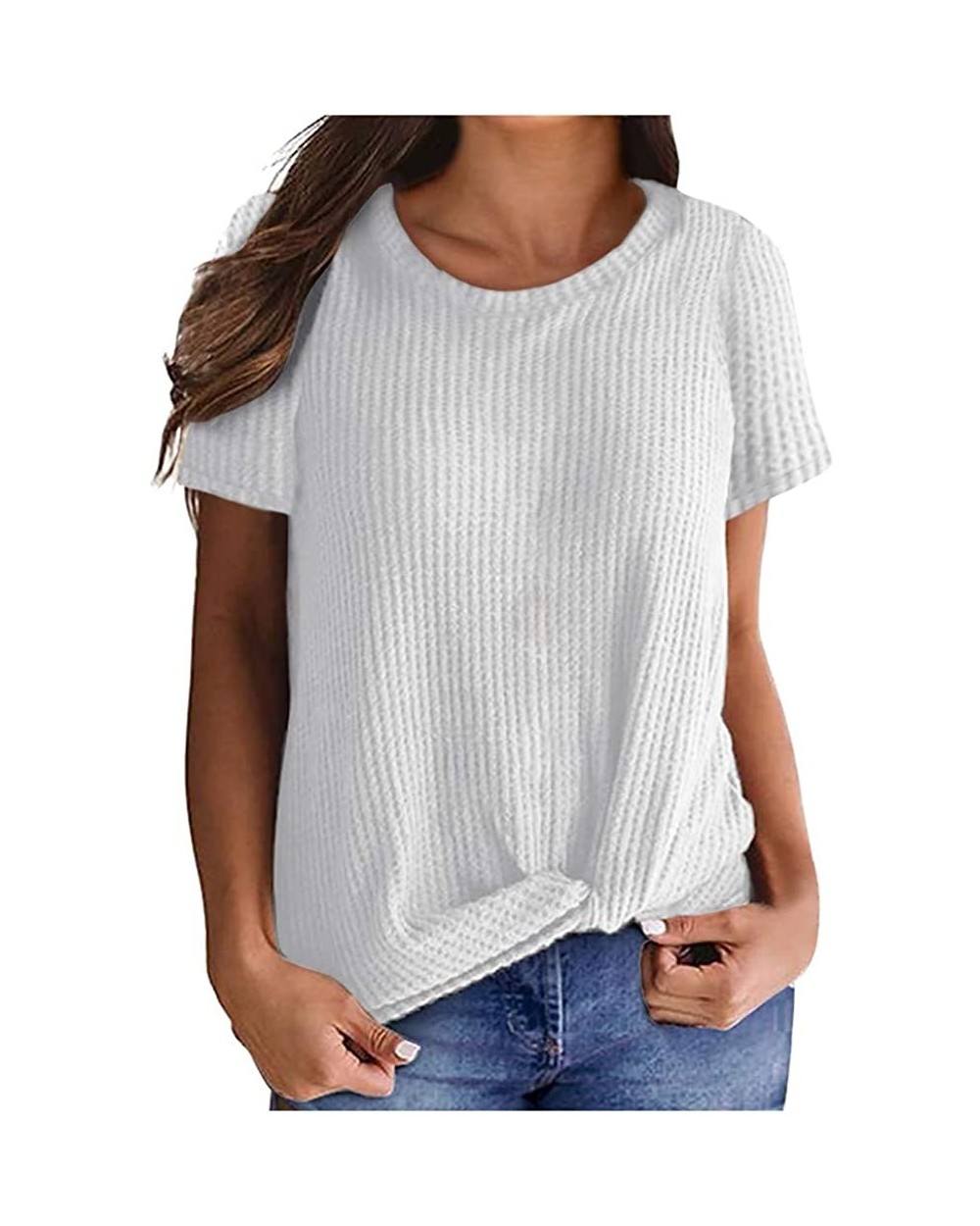 Fashion Women's Summer Blouse Short Sleeve Round Neck Cute Twist Knot Casual Waffle Knit Tops - Xl - CL196888W2Z $31.55 Therm...