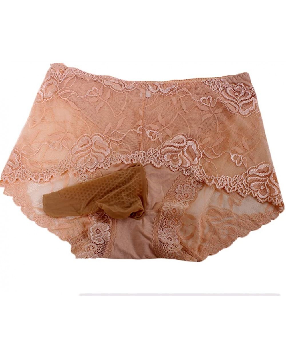 Men's Lace Panties Briefs Boyshort Shorts Lingerie Underwear with silicone Pouch or Sheath - Beige(with Closed Sheath) - C119...