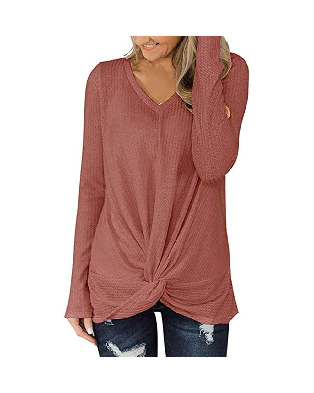 Womens Sweaters Casual Long Sleeve Sweatshirts Waffle Knit Twist Knot Tunic Tops Blouse Shirts - Red - C418Y4SL7DA $19.99 Bab...