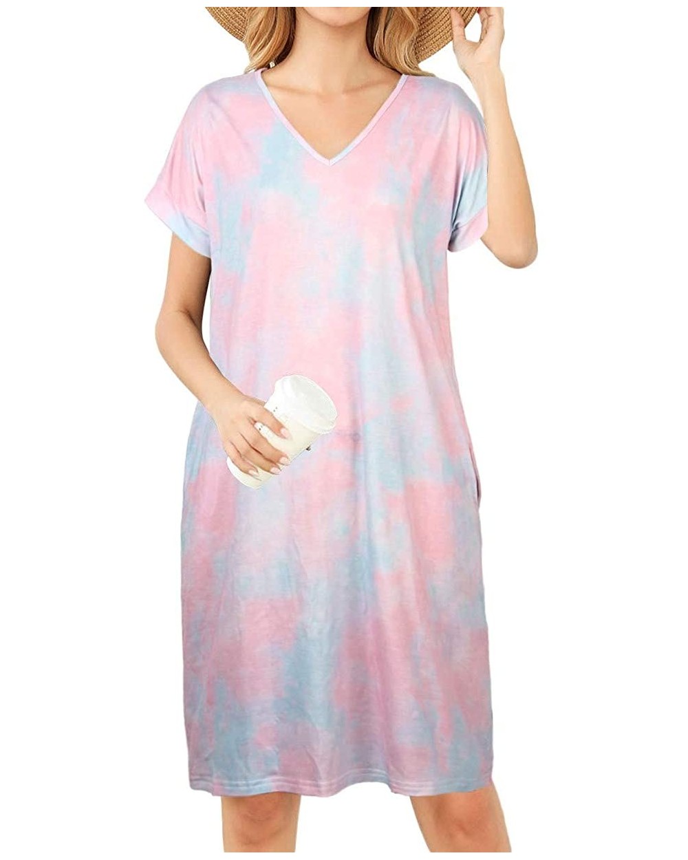 Women's Casual T Shirt Midi Dress Short Sleeve Sundress Nightgowns Pajamas Dresses with Pockets - Purple - CC19D3EE6NH $28.56...