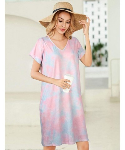 Women's Casual T Shirt Midi Dress Short Sleeve Sundress Nightgowns Pajamas Dresses with Pockets - Purple - CC19D3EE6NH $28.56...