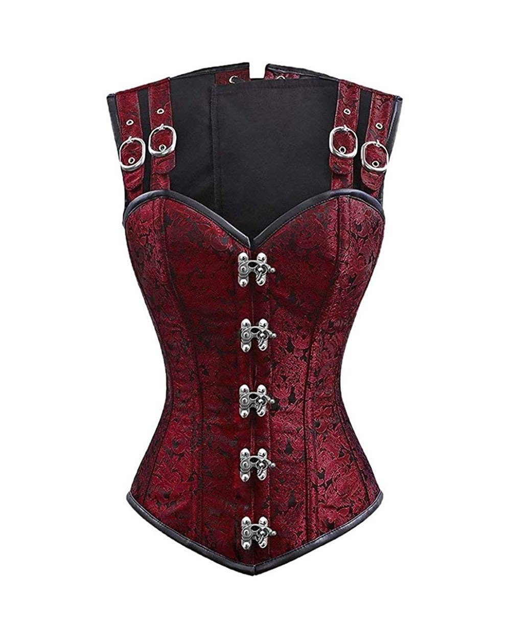 Womens Bustier 12 Steel Bone Double Buckle Straps Lace up Corset - Wine - CK18HU9AWQL $65.63 Bustiers & Corsets