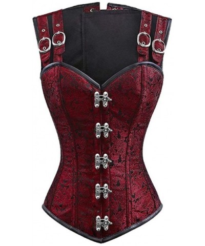 Womens Bustier 12 Steel Bone Double Buckle Straps Lace up Corset - Wine - CK18HU9AWQL $65.63 Bustiers & Corsets