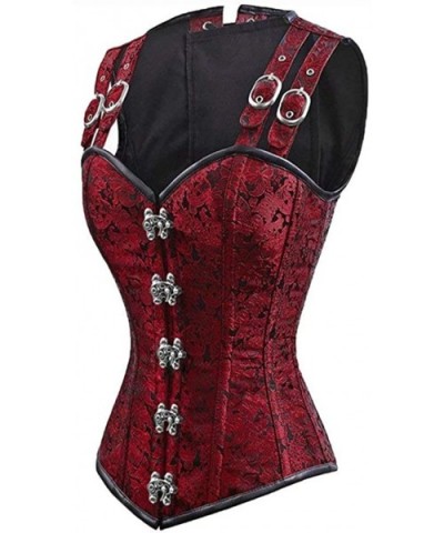 Womens Bustier 12 Steel Bone Double Buckle Straps Lace up Corset - Wine - CK18HU9AWQL $65.63 Bustiers & Corsets