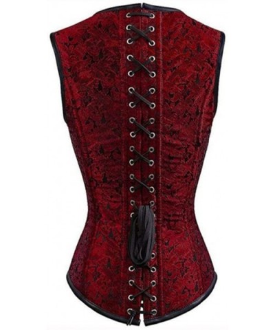 Womens Bustier 12 Steel Bone Double Buckle Straps Lace up Corset - Wine - CK18HU9AWQL $65.63 Bustiers & Corsets