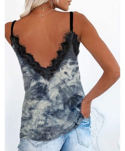 Women Cami Tank Top Tie Dye Printed Lace Crochet V Neck Strappy Loose Camisole Vests Shirt - Navy Blue - CG199GLZU28 $29.13 C...