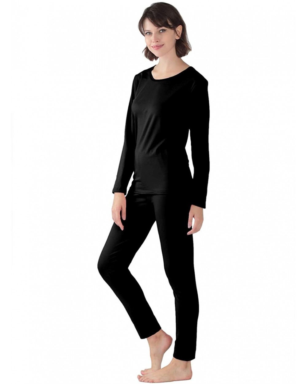 Plus Size Womens Thermal Underwear Long Johns Set-Long Sleeve/Spaghetti Straps Top & Bottom S-8XL - Black Long Sleeve Tops Se...