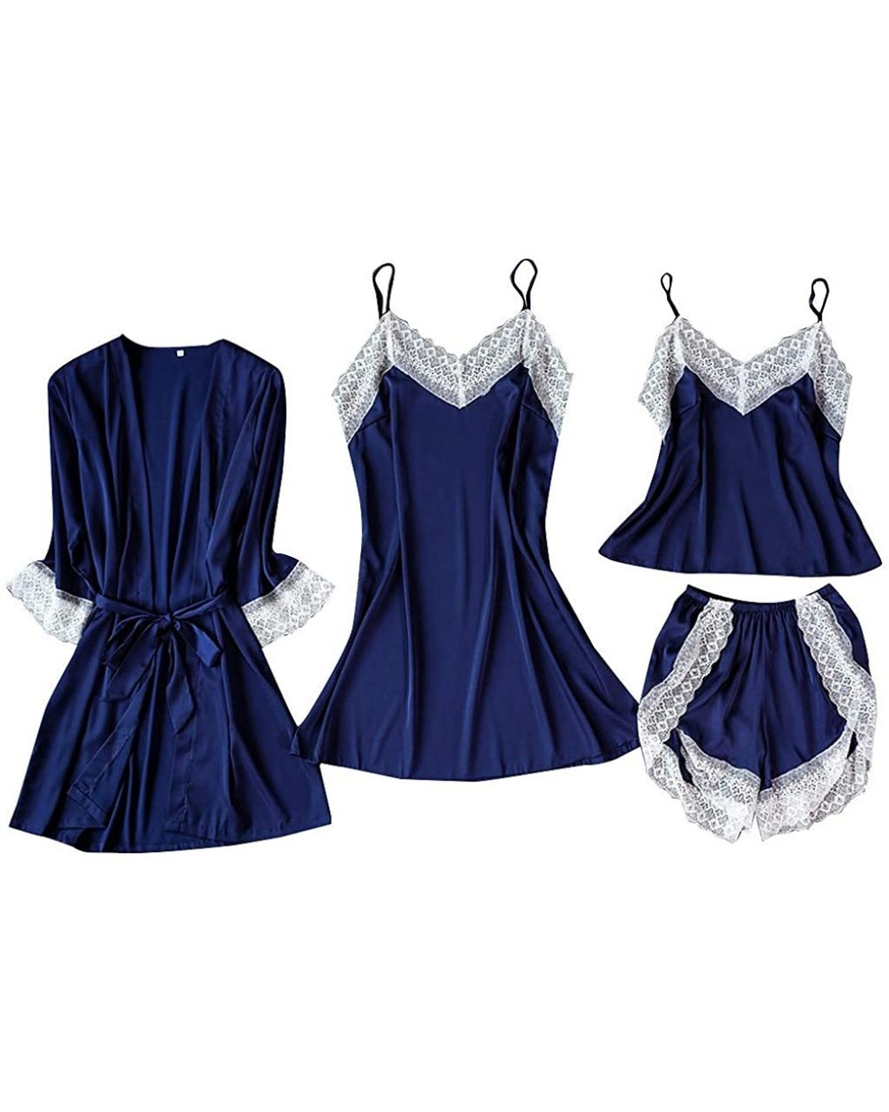 Satin Silk Pajamas Cardigan Nightdress Bathrobe Ladies Robes Underwear Sleepwear - Navy - C3193Q4S66G $50.92 Robes