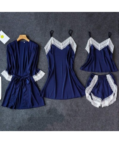 Satin Silk Pajamas Cardigan Nightdress Bathrobe Ladies Robes Underwear Sleepwear - Navy - C3193Q4S66G $50.92 Robes