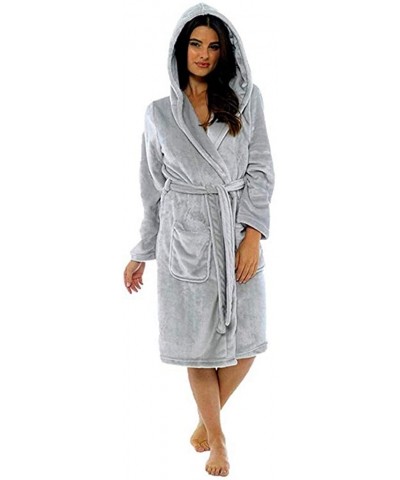 Womens Sherpa Lined Long Robe Luxury Full Length Plush Fleece Bathrobe V Neck Kimono with Pockets Sleepshirts Gray - CD193GM0...