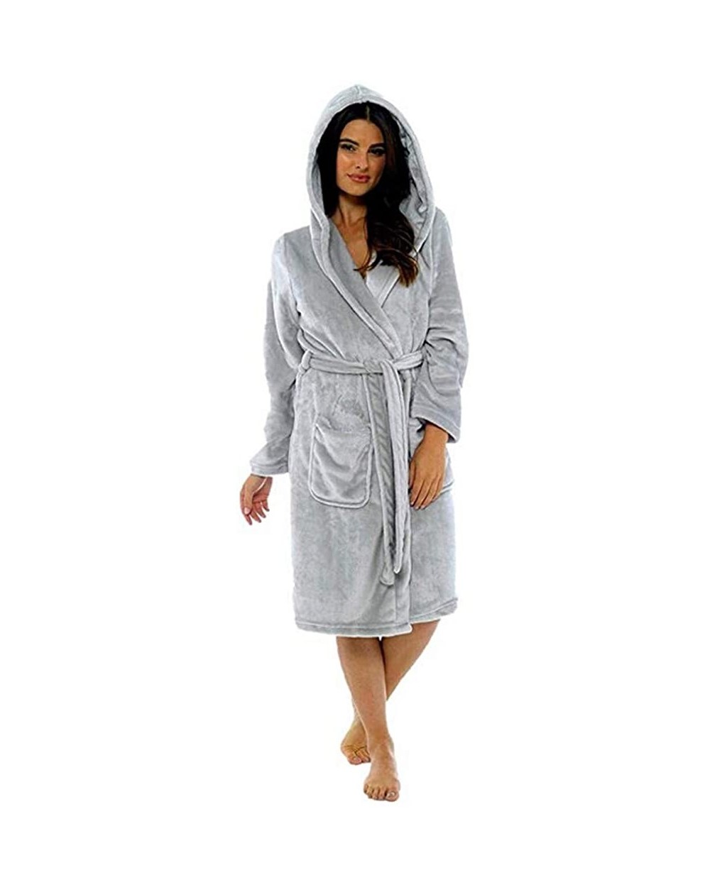 Womens Sherpa Lined Long Robe Luxury Full Length Plush Fleece Bathrobe V Neck Kimono with Pockets Sleepshirts Gray - CD193GM0...