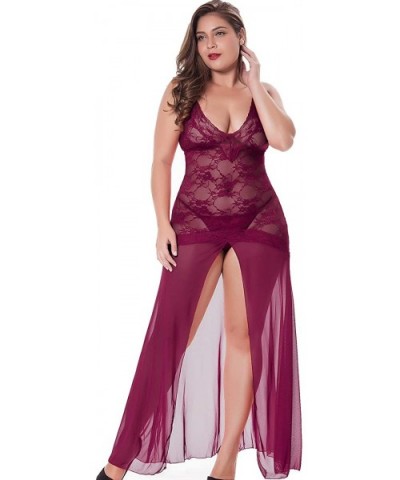 Women's Plus Size Lingerie Sexy Split Maxi Long Gown Sheer Dress - Wine-red - CQ18KY6MANZ $30.87 Baby Dolls & Chemises