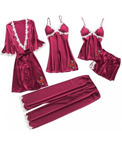 Womens Lingerie Sexy Satin Pajamas Set 5pcs Nightgown Temptation Chemise Underwear Teddy Sleepwear - Z-wine - CO18A9OOQOS $42...