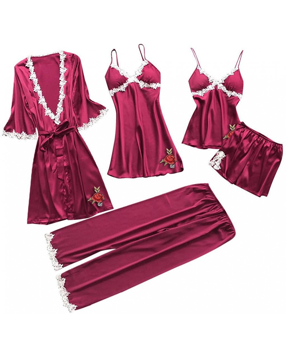 Womens Lingerie Sexy Satin Pajamas Set 5pcs Nightgown Temptation Chemise Underwear Teddy Sleepwear - Z-wine - CO18A9OOQOS $42...