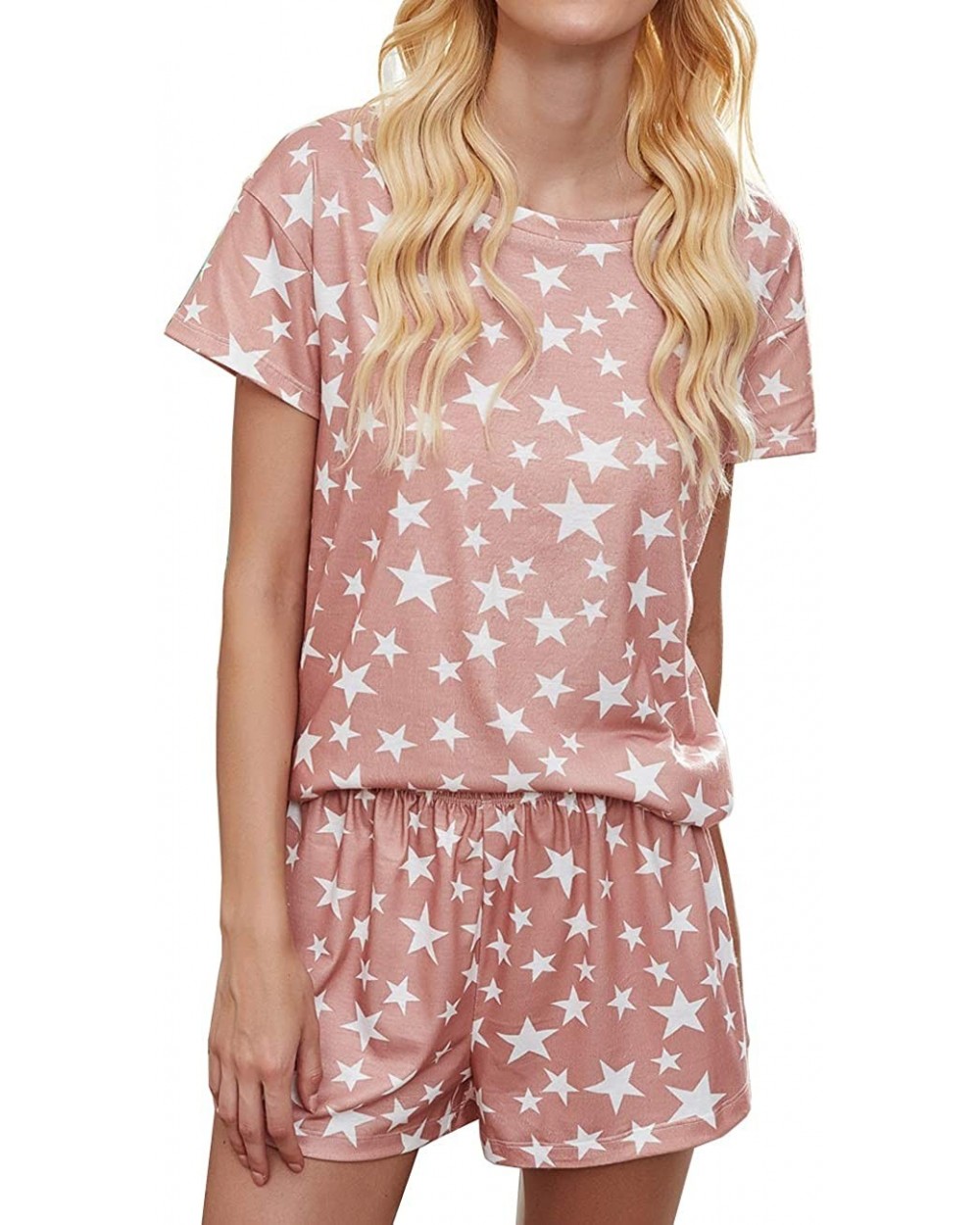 Women's Shorts Pajama Set Short Sleeve Tee and Shorts Sleepwear Loungewear Nightwear Pjs - Star Pink - C5199AZZ308 $31.06 Sets