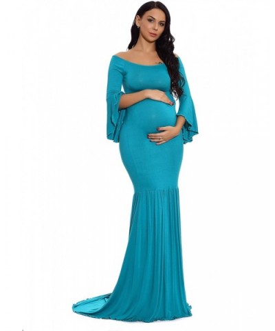 Maternity Retro Off Shoulder Flare Sleeves Mermaid Gown Maxi Photography Dress for Baby Shower - Turquoise - C518HXR979E $53....