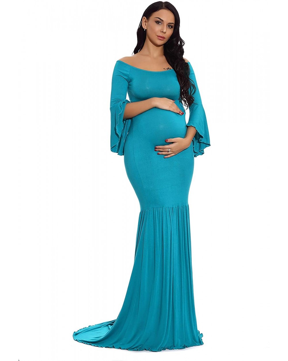 Maternity Retro Off Shoulder Flare Sleeves Mermaid Gown Maxi Photography Dress for Baby Shower - Turquoise - C518HXR979E $53....