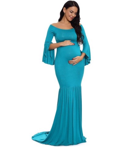 Maternity Retro Off Shoulder Flare Sleeves Mermaid Gown Maxi Photography Dress for Baby Shower - Turquoise - C518HXR979E $53....