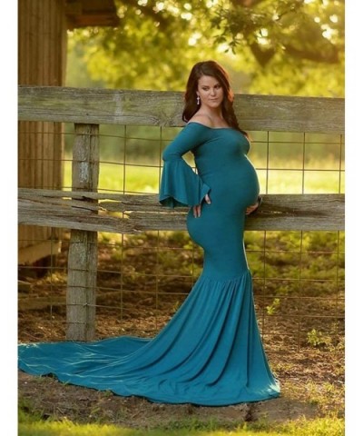 Maternity Retro Off Shoulder Flare Sleeves Mermaid Gown Maxi Photography Dress for Baby Shower - Turquoise - C518HXR979E $53....