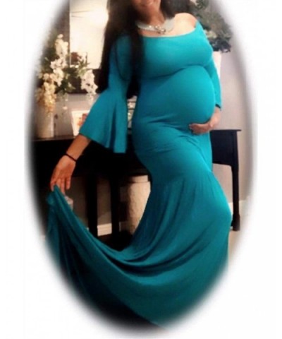 Maternity Retro Off Shoulder Flare Sleeves Mermaid Gown Maxi Photography Dress for Baby Shower - Turquoise - C518HXR979E $53....