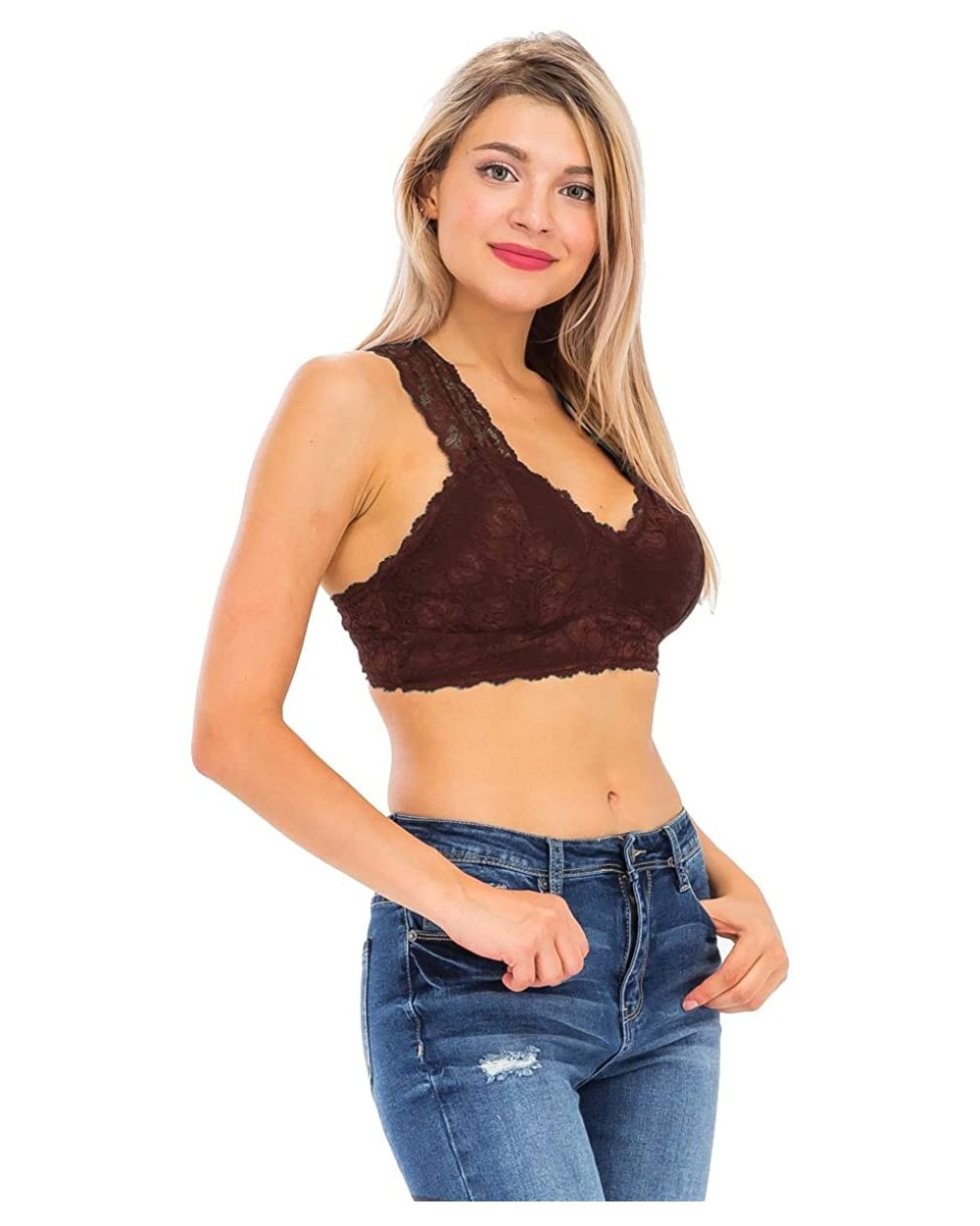 Women's Premium Stretch Hourglass Back Mesh Lining Bralette Lace Bra - Brown - CW18XG3K8LU $25.91 Bras