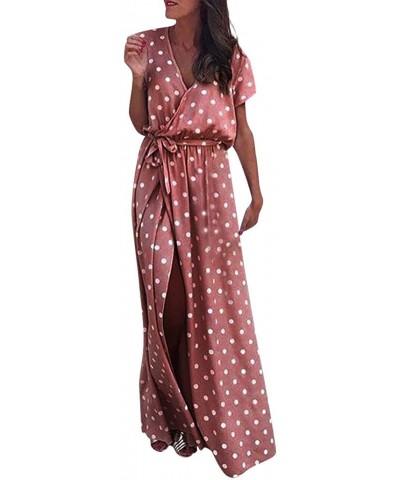 Split Dress Ladies Sexy Dress Polka Dot Print Dress Fashion Beach Skirt Short-Sleeved Dress - Pink - CW18UD97O8O $33.33 Tops