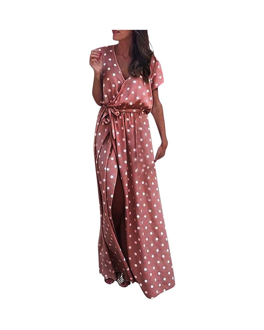 Split Dress Ladies Sexy Dress Polka Dot Print Dress Fashion Beach Skirt Short-Sleeved Dress - Pink - CW18UD97O8O $33.33 Tops