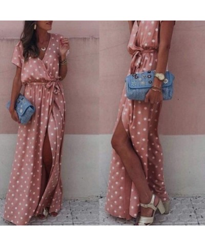 Split Dress Ladies Sexy Dress Polka Dot Print Dress Fashion Beach Skirt Short-Sleeved Dress - Pink - CW18UD97O8O $33.33 Tops