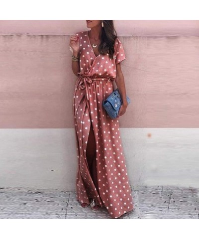 Split Dress Ladies Sexy Dress Polka Dot Print Dress Fashion Beach Skirt Short-Sleeved Dress - Pink - CW18UD97O8O $33.33 Tops