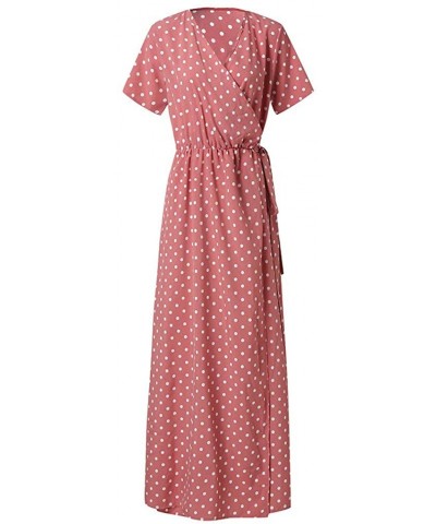 Split Dress Ladies Sexy Dress Polka Dot Print Dress Fashion Beach Skirt Short-Sleeved Dress - Pink - CW18UD97O8O $33.33 Tops